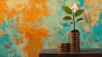 Growing Investment Sapling on Coins with Arrow Sign on Artistic Textured Background, Financial Growth and Success. photo