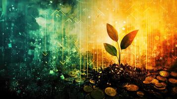Growing Investment Sprout Emerging from Soil with Coins, Financial Growth, Business Success, and Digital Background photo