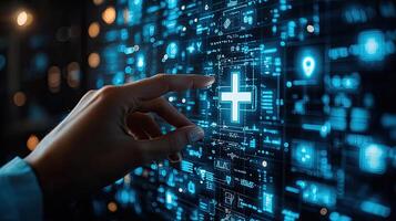 Healthcare Technology Interface Hand Interacting with Futuristic Medical Data Display, Featuring a Glowing Plus Symbol and Data Visualization photo