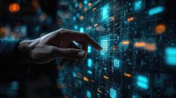 Human Finger Touching a Complex Digital Interface of Glowing Icons and Data Streams in Blue and Orange. photo