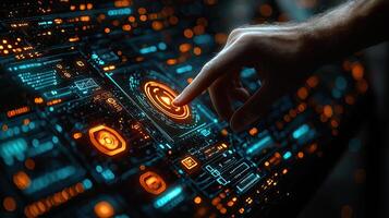 Human Finger Touching a HighTech Glowing Interface with Futuristic HUD Elements and Circuitry Design photo