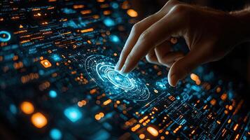 Human Finger Interacting with Futuristic Digital Interface, HighTech Circuit Board, Data Visualization and Artificial Intelligence Concept photo