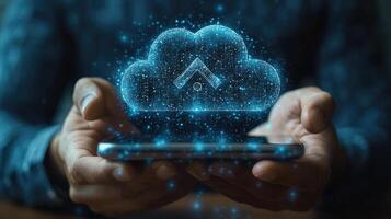 Cloud Technology on Mobile Device Held by Person, Illustrating Data Storage and Upload with Glowing Light Effects photo