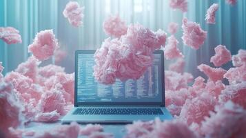 Coding Oasis Laptop Surrounded by Pink Abstract Floral Shapes with Code Displayed on Screen, Dreamy Tech Landscape photo