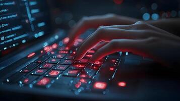 Coding on Illuminated Laptop Keyboard with Neon Glow Software Development, Hacking, Cybersecurity Concept photo