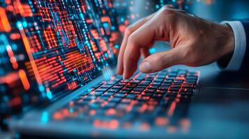 Coding on Futuristic Laptop with Circuit Board Design and Human Hand for Digital Technology Concept photo
