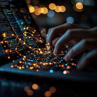 Coding on Laptop with Data Stream Cybersecurity, Software Development, and Network Connection Visualized Concept photo
