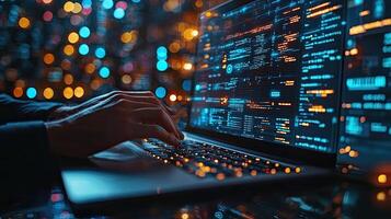 Coding on Laptop with Data Visualization and Bokeh Lights Background for Software Development photo