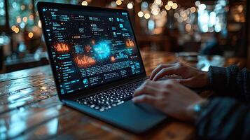 Coding on Laptop with Data Visualization and Bokeh Lights, Programmer at Work, Software Development Concept photo