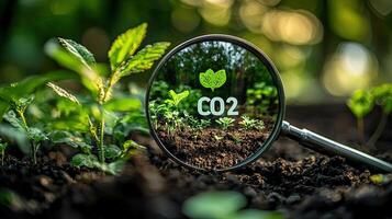Plants Reducing CO2 Magnified Green Seedlings, Carbon Dioxide Reduction Concept for Environment, and Sustainable Future photo