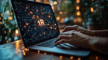 Programmer Typing on Laptop with Code Background Displaying '1R', Backlit with Warm, Blurred Lights photo