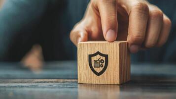Quality Assurance Concept Wooden Block Showing a Shield Icon, Certifications, Security, and Protection with a Hand Positioning photo