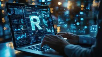 R Programming Language Data Analysis Laptop with Code, Big Data, Statistics, and Developer Hands photo