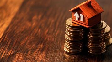 Real Estate Investment and Appreciation Wooden House on Stack of Coins with Arrow on Table. photo