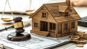 Real Estate Law and Finance Gavel, Model House, Scales of Justice and Golden Coins on Blueprints. photo