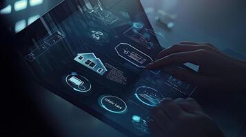 Real Estate Law on Futuristic Tablet with Hand Interaction Innovative Property Technology Interface and Data Analysis photo