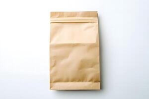 An empty craft paper bag featuring a zip lock rests vertically on white background photo