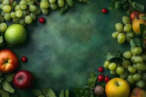 Appetizing fruit arrangement featuring grapes, apples, pears, and red berries over a green backdrop photo