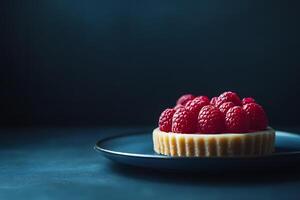 Appetizing small round tart topped with fresh raspberries sits elegantly on a dark plate photo