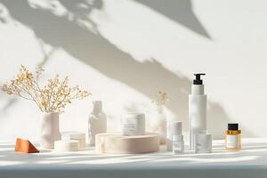 Assorted beauty product containers present a clean, modern aesthetic within a welllit studio environment now photo