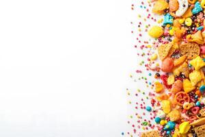 Assorted colorful candies and snacks are scattered along the right edge on a white surface photo