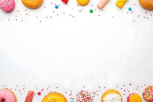 Assorted doughnuts and candies are scattered around the top and bottom edges on a white background photo