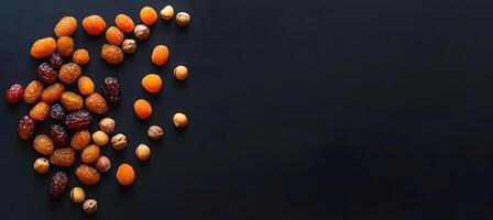 Assorted dried fruits like apricots, dates, and hazelnuts are scattered on black background photo