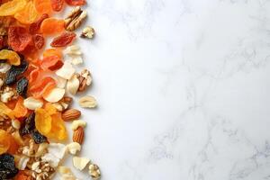 Assorted dried fruits and nuts create vibrant border on a marble background photo