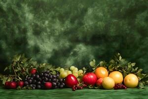Assorted fresh grapes, apples, oranges, and plums are beautifully arranged against an elegant green backdrop photo