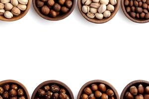Assorted nuts are artistically arranged in wooden bowls, offering a nutritious and delicious treat photo