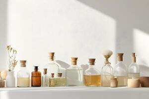 Assorted glass bottles with cork stoppers and oils are displayed on white surface near wall photo