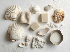 Assorted shells and bath items are beautifully displayed on a textured white background surface photo
