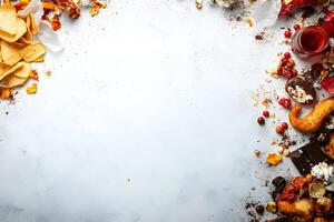 Assorted sweets and salty snacks are scattered on white surface creating a visually interesting border photo