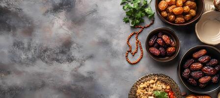Bowls of dates, and seasoned rice adorn a gray textured surface with prayer beads photo