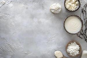 Bowls of dairy products like yogurt and cheese are neatly placed on textured surface photo
