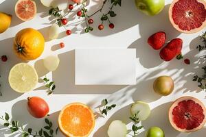 Bright fresh fruit segments beautifully surround a pristine white card on clean backdrop photo