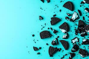 Broken cookies with cream filling scattered across the vibrant light blue surface create an enticing arrangement photo