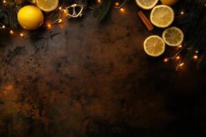Festive arrangement with fresh lemon slices, cinnamon sticks, and Christmas lights enhance holiday atmosphere photo