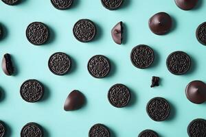 Flat lay shows delicious chocolate covered cookies and dark chocolate candy on a teal backdrop photo