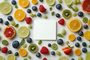 Fresh assorted citrus fruits, berries, and green grapes surround a white square with copy space photo