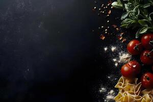 Fresh basil, tomatoes, pasta, and assorted peppercorns compose the elements along dark stone photo