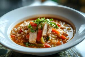 Fresh chicken soup with rice, carrots, zucchini and greens is served in a white bowl photo