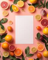 Fresh citrus fruits and green leaves surround a blank white paper on pink background photo