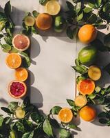 Fresh citrus fruits, halves, and vibrant green leaves form a decorative frame around white paper photo