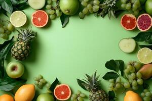 Fresh fruit assortment including pineapple, citrus slices, grapes, and apples are artfully arranged on a green background photo