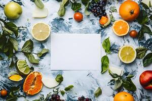 Fresh fruits are arranged around blank white cardstock on a painted surface for presentation photo