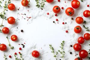 Fresh red cherry tomatoes are scattered with thyme sprigs on white backdrop photo