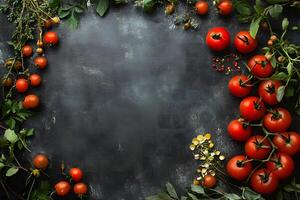 Fresh red tomatoes with green herbs create a vibrant border against dark background photo
