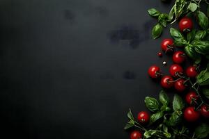 Fresh tomatoes and basil leaves elegantly frame the stark, dark background beautifully photo