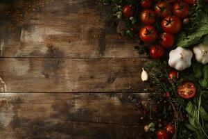 Fresh tomatoes, garlic and aromatic herbs are arranged on dark wooden surface for culinary use photo